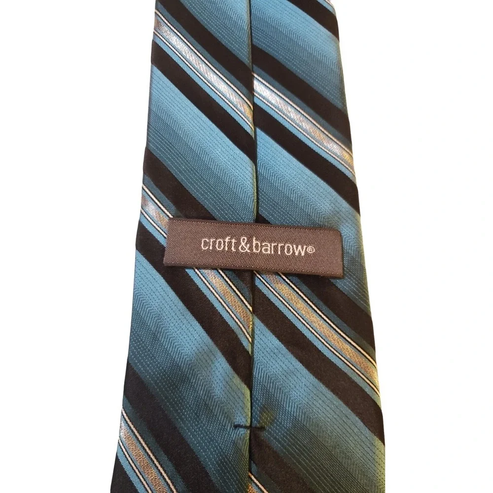 Croft & Barrow Luxury Silk Tie Classic Designer Striped Black Blue‎ Silver